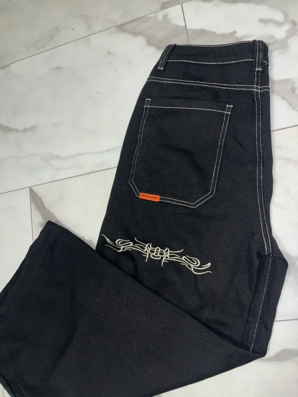 Men's Black Jeans with White Stitch & Embroidery - Picture 2 of 5